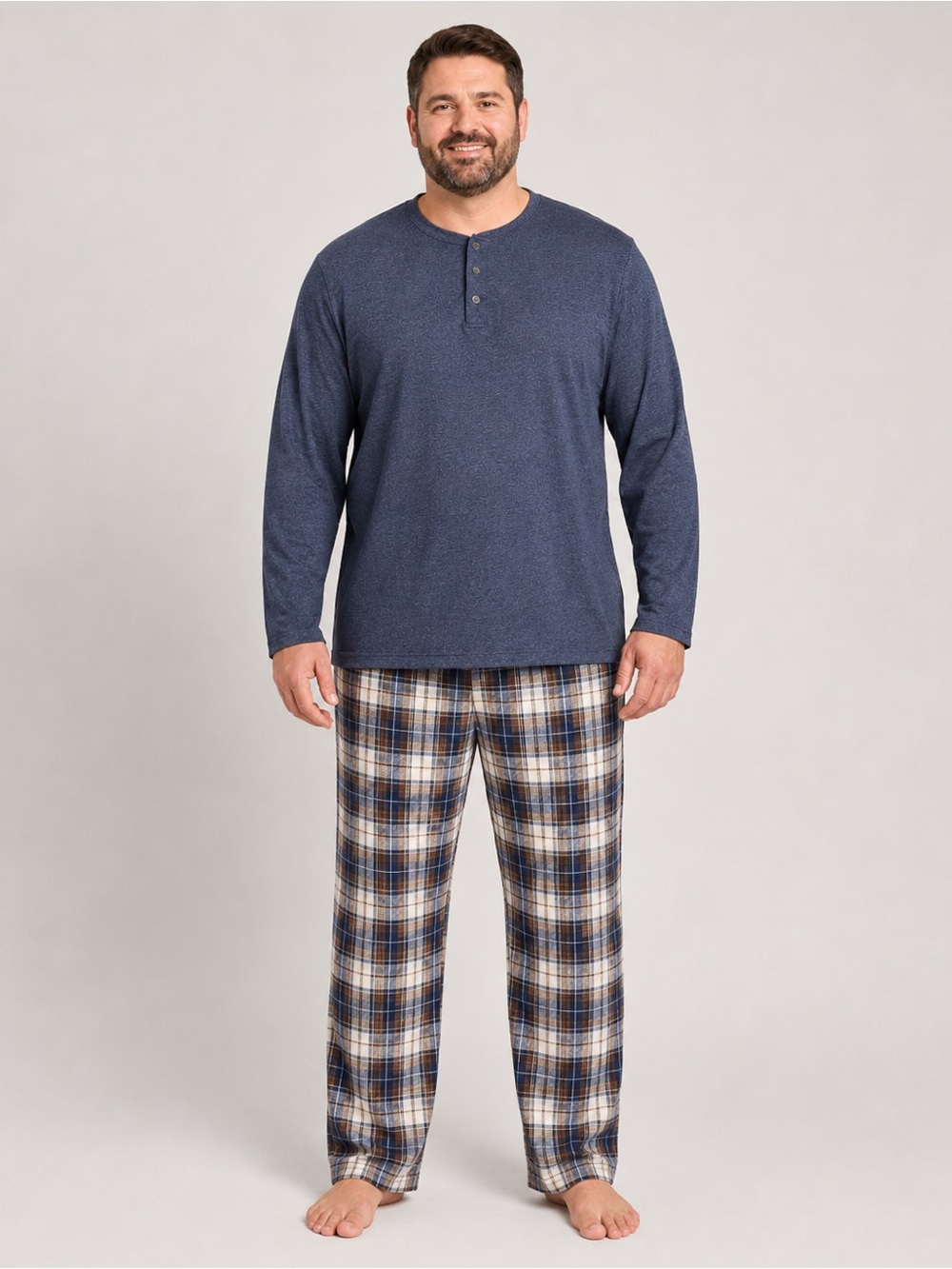NWT Stafford Men's XL 2-Piece Sleep Set Plaid Fleece Pants Henley Top Blue Brown